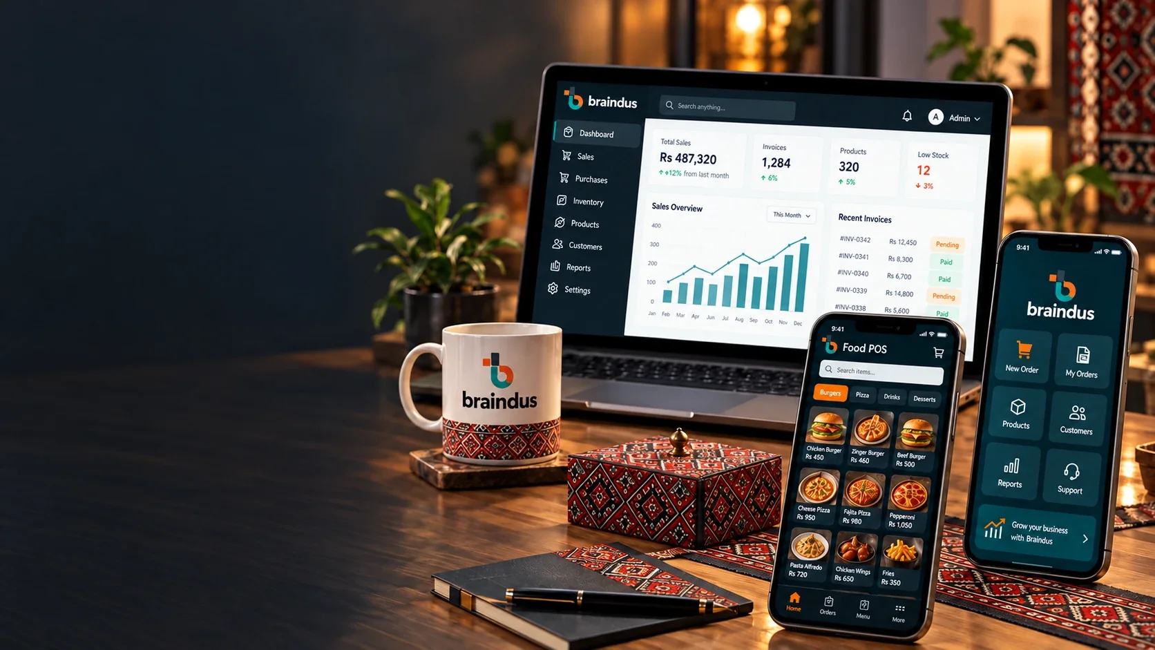 Mobile app and website interface concepts on phones and a laptop.