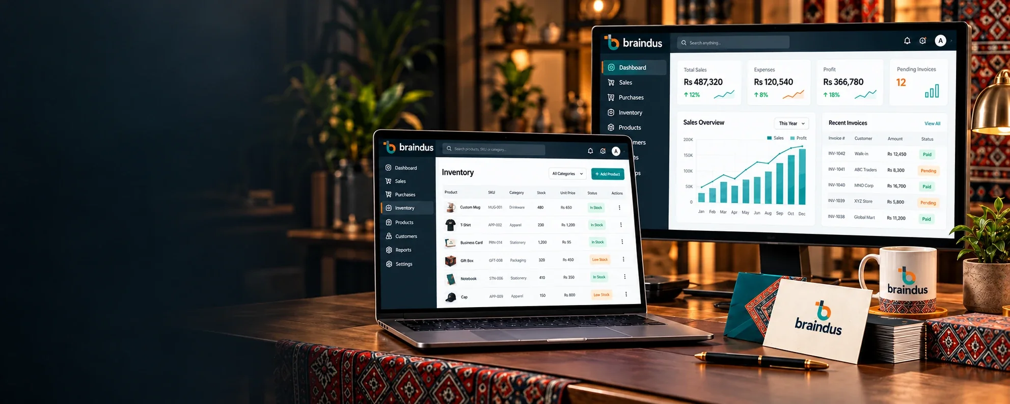 ERP dashboard interface concept on business computers.