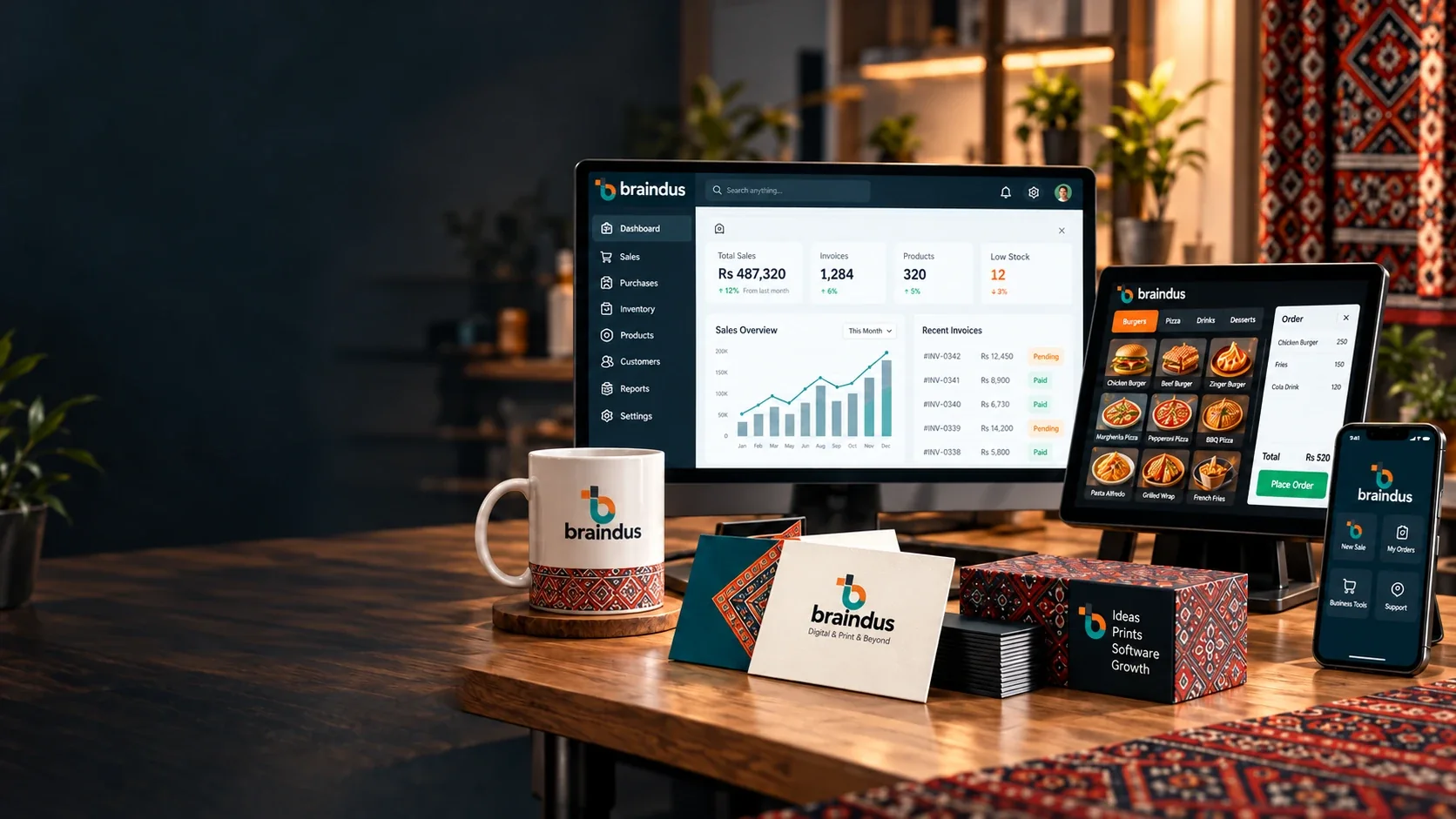 Photographic concept of Braindus print products, ERP dashboard, Food POS and mobile app.