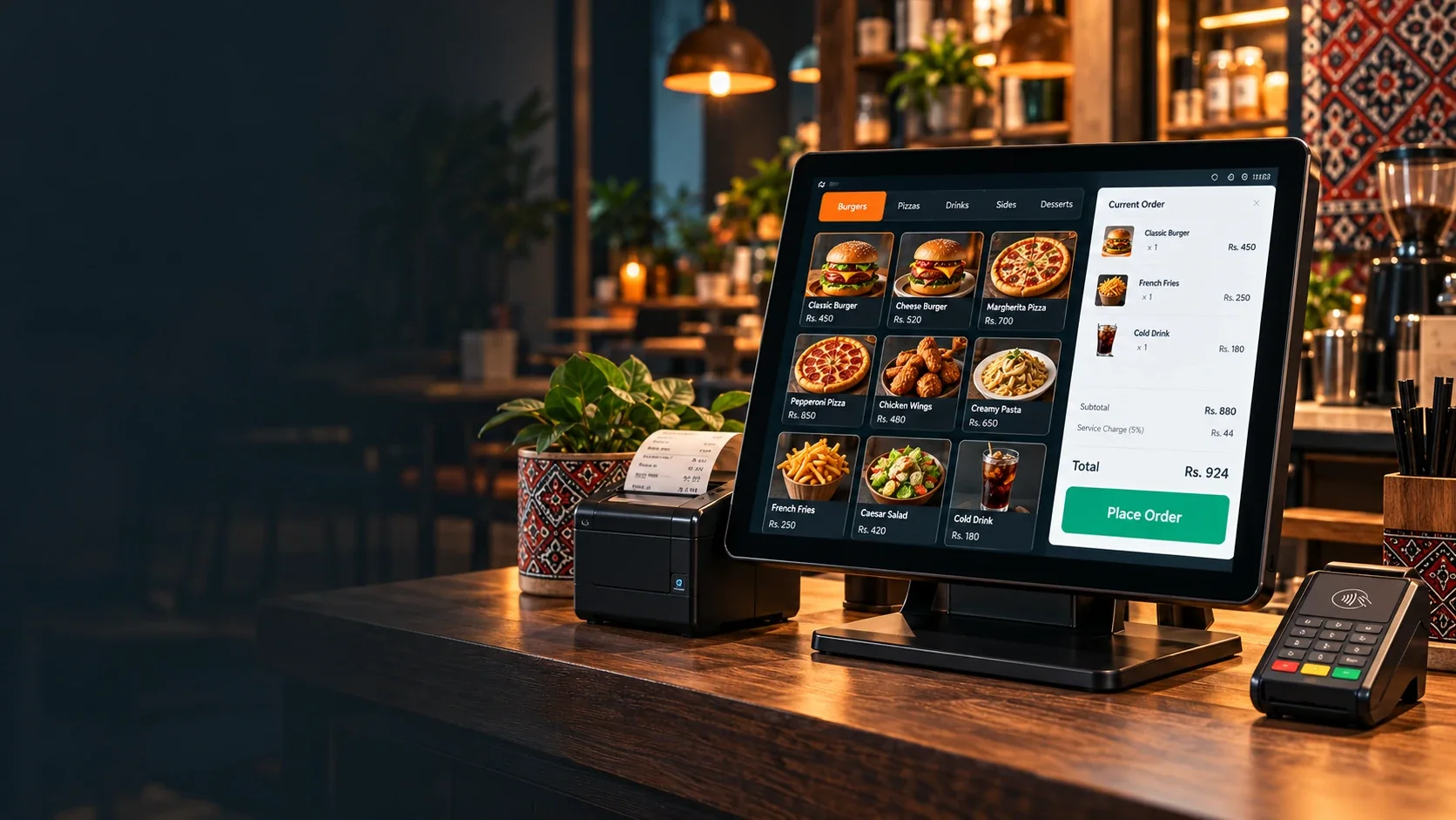 Food POS interface concept with menu tiles, order summary and receipt printer.